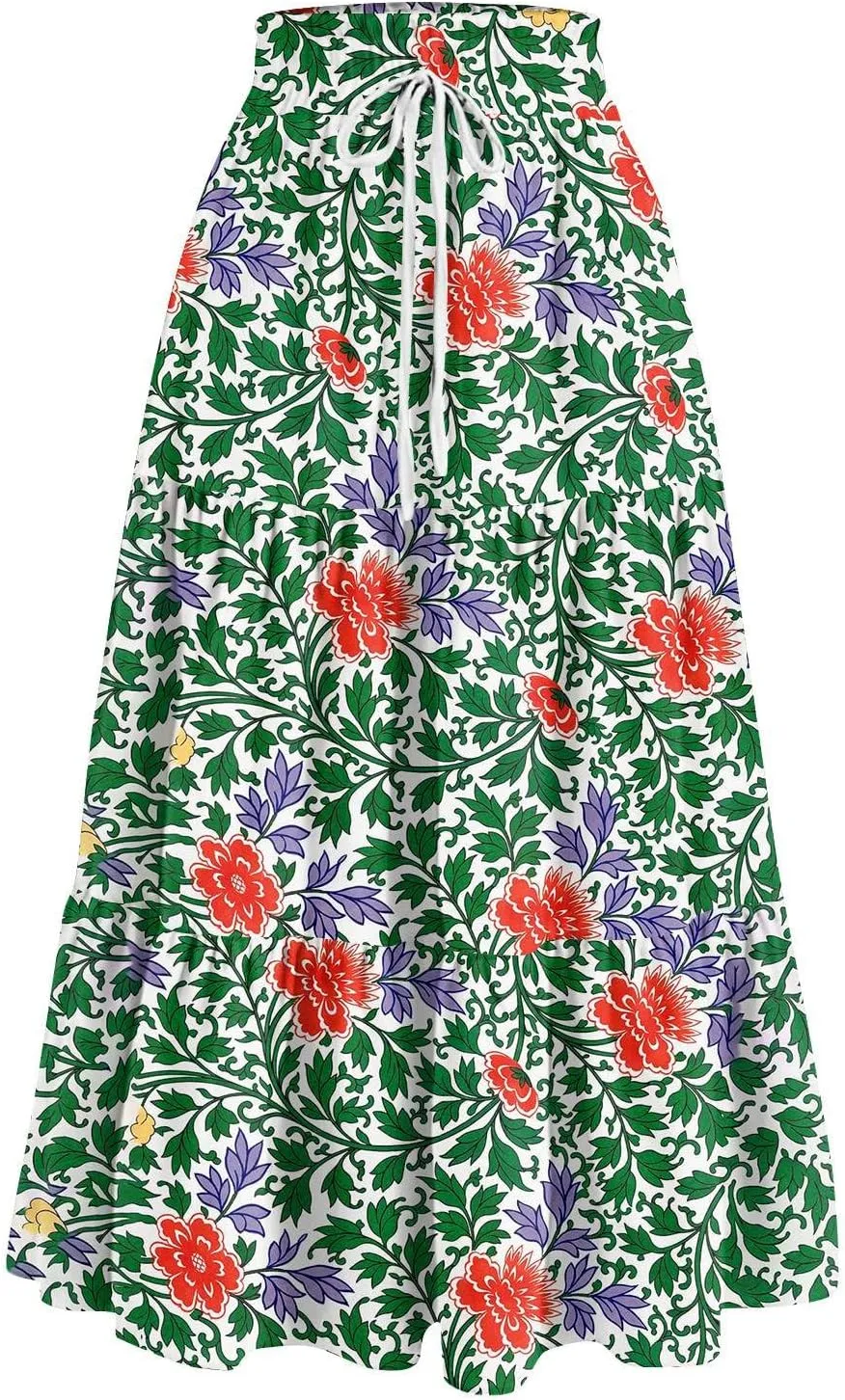 Maxi Skirts for Women 2025 Spring Summer Trendy Elastic Waist Floral Flowy Long Skirt Beach Vacation Clothes
