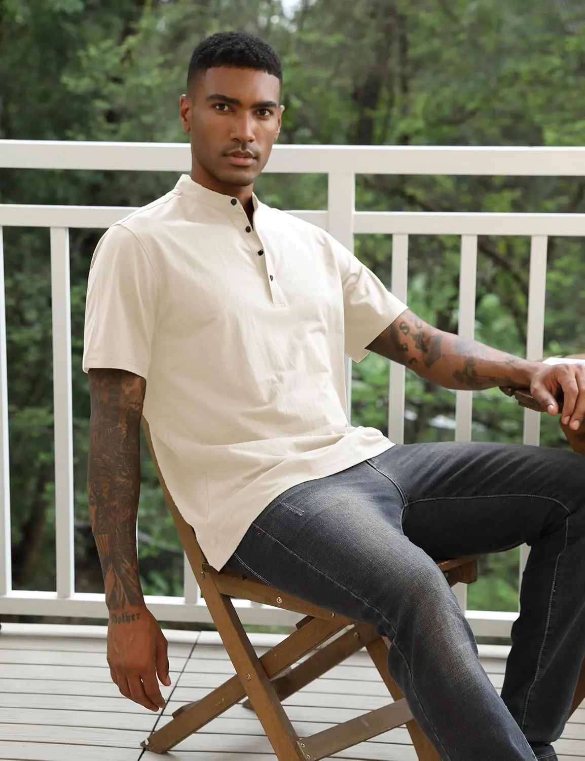 Mens Cotton Linen Shirts Short Sleeve Henley T-Shirt Summer Casual Lightweight Hippie Beach Tops