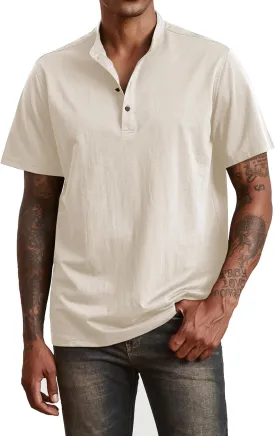 Mens Cotton Linen Shirts Short Sleeve Henley T-Shirt Summer Casual Lightweight Hippie Beach Tops