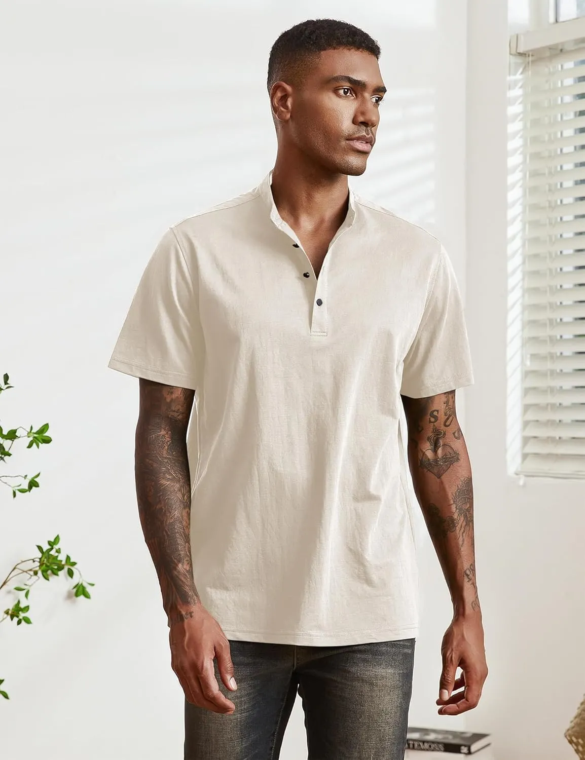 Mens Cotton Linen Shirts Short Sleeve Henley T-Shirt Summer Casual Lightweight Hippie Beach Tops