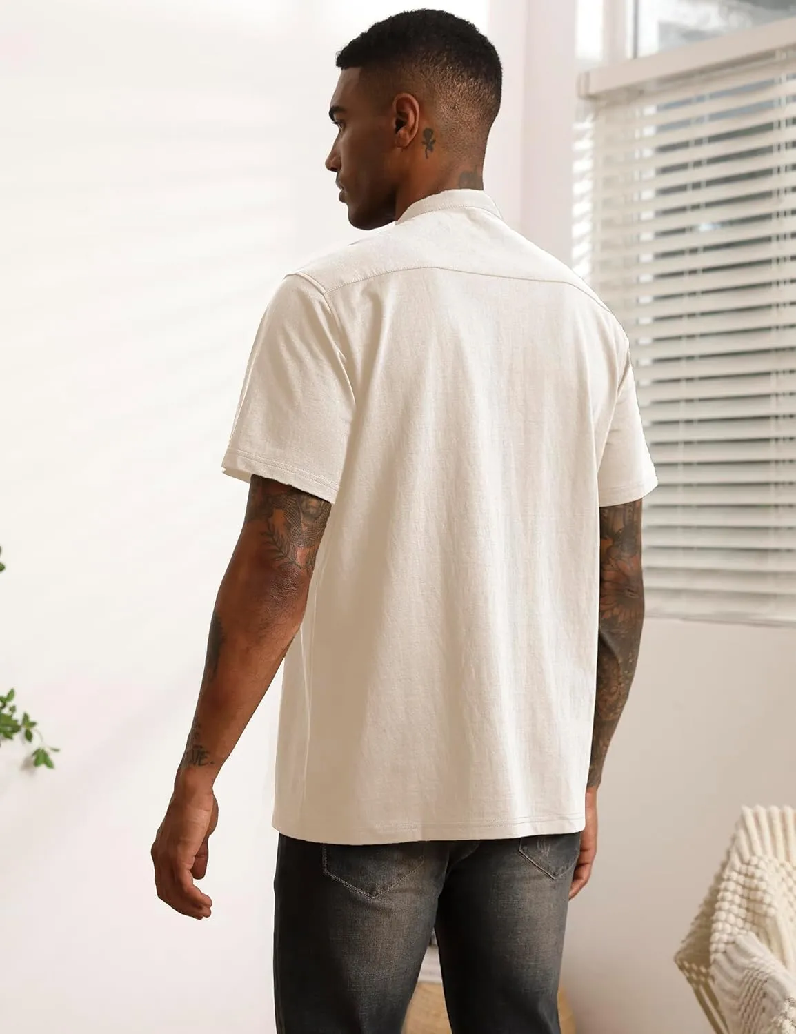 Mens Cotton Linen Shirts Short Sleeve Henley T-Shirt Summer Casual Lightweight Hippie Beach Tops