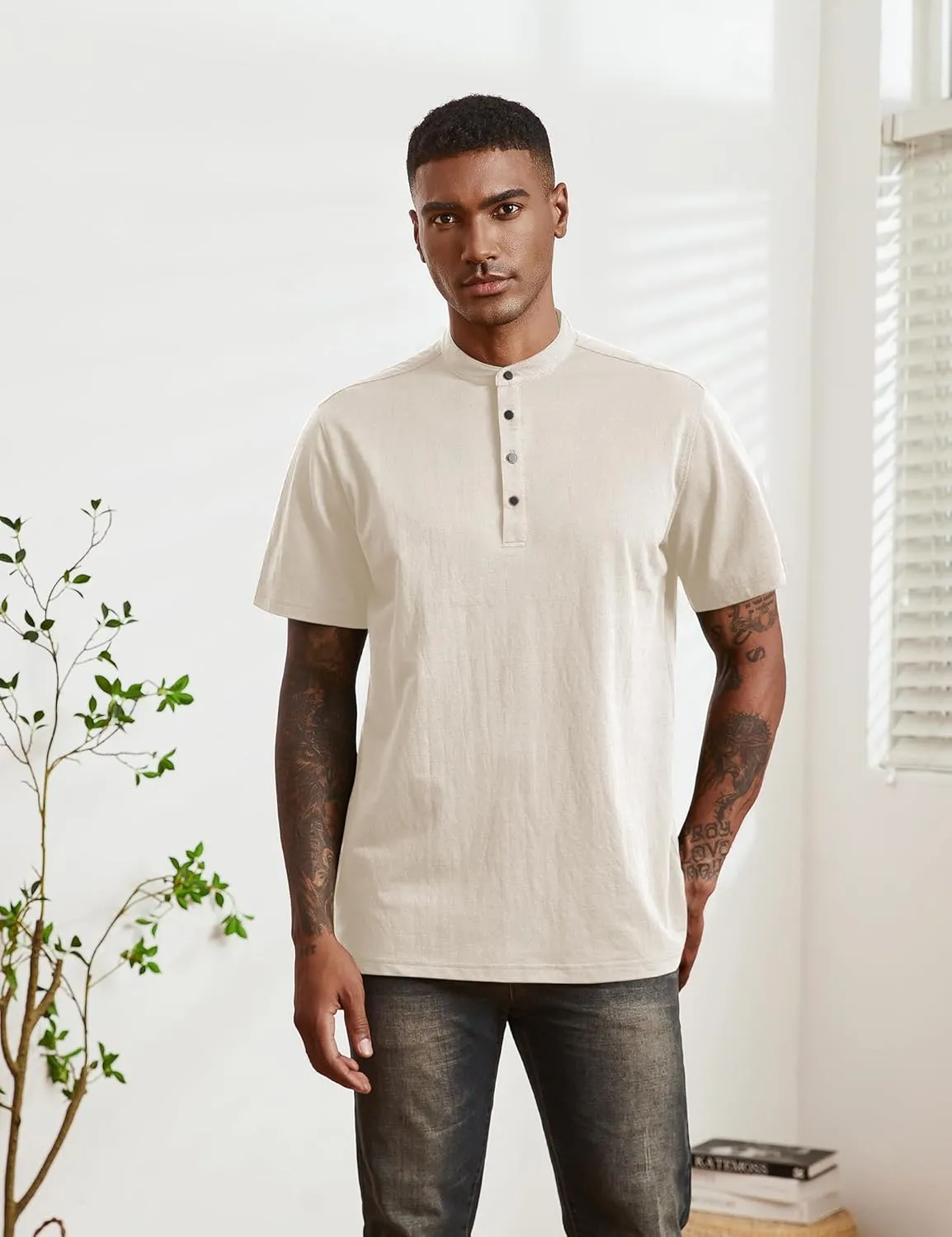 Mens Cotton Linen Shirts Short Sleeve Henley T-Shirt Summer Casual Lightweight Hippie Beach Tops