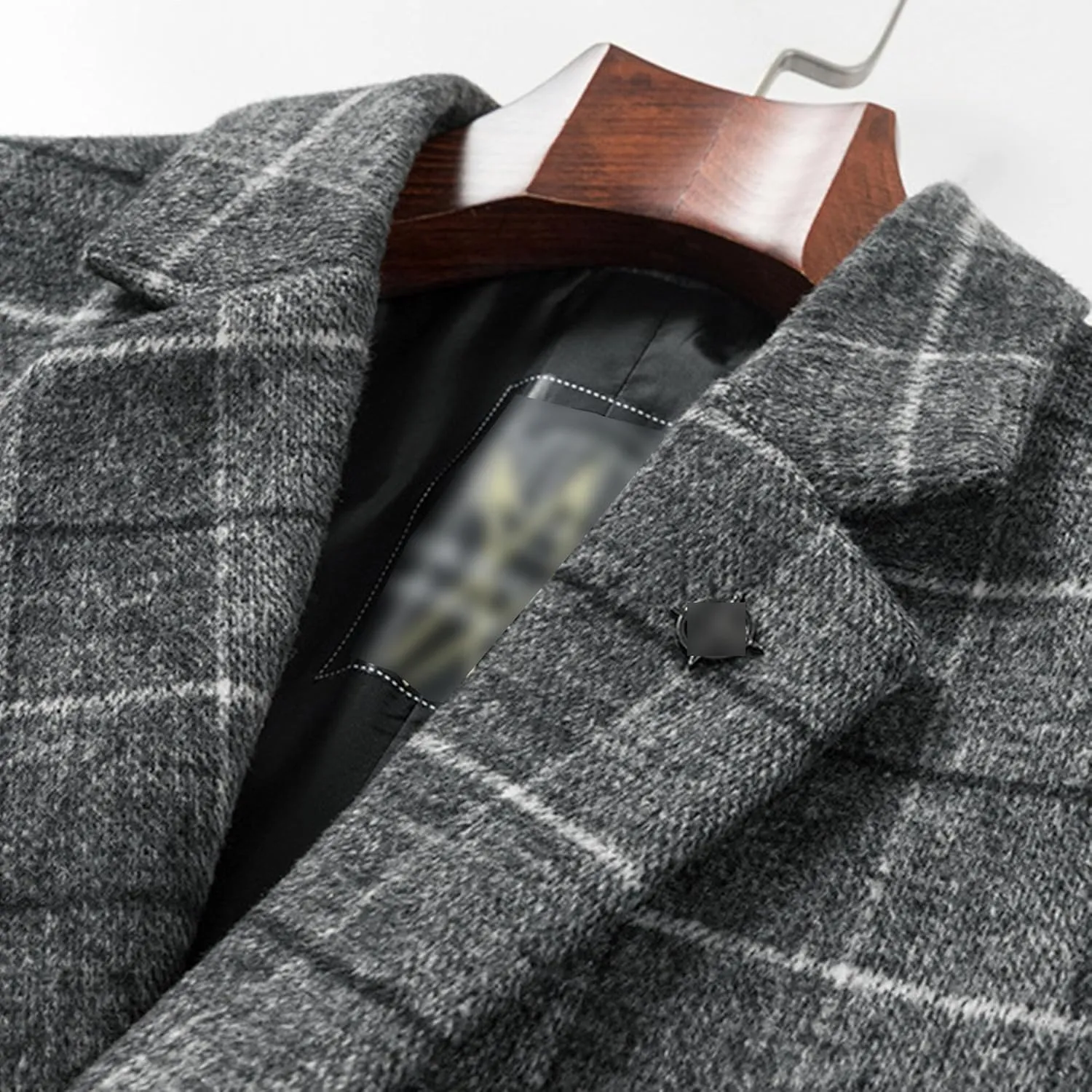 Men's Notched Collar Plaid Trench Coat Single Breasted Thermal Wool Blend Coat Formal Casual Pea Coat