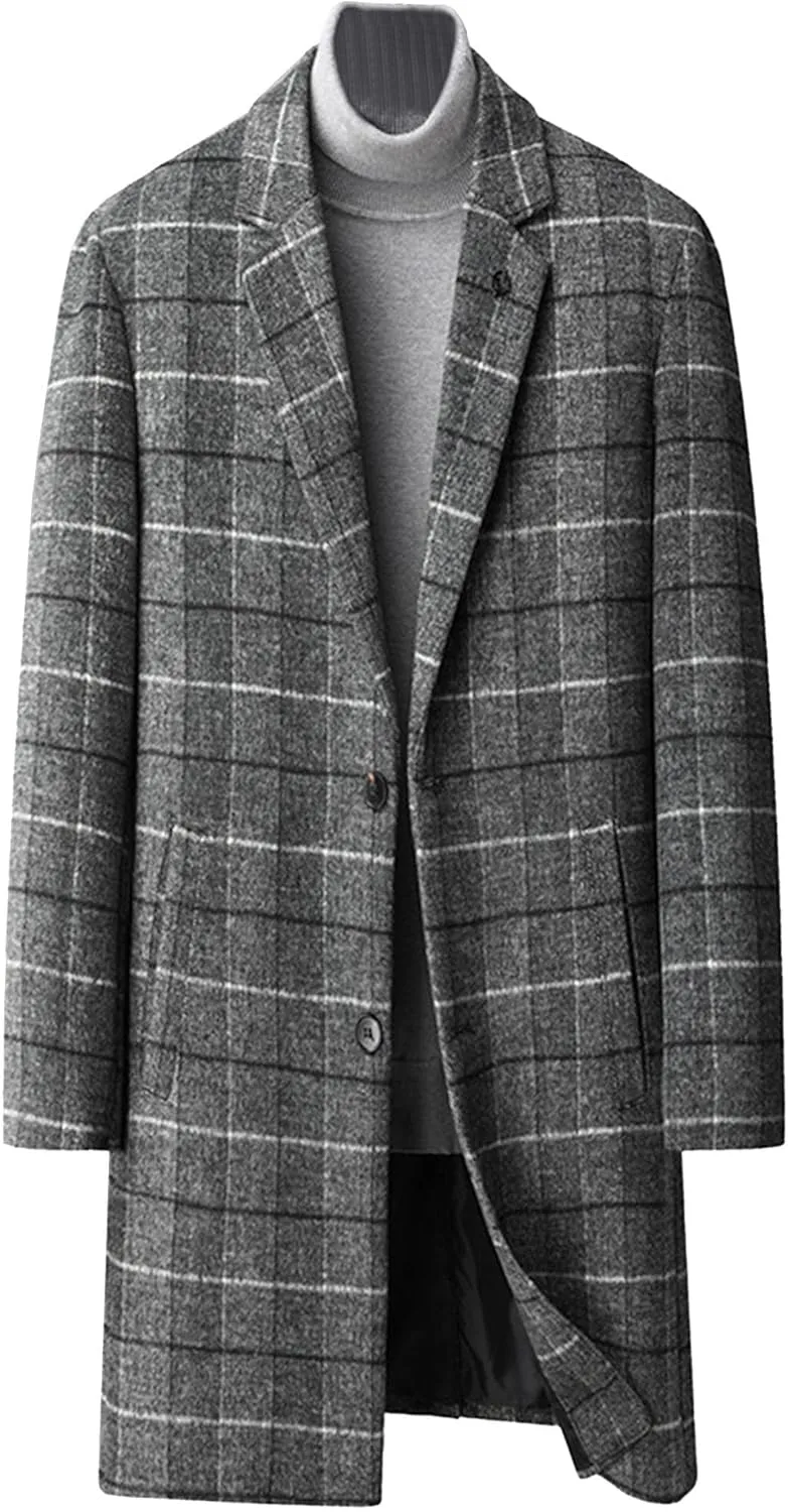 Men's Notched Collar Plaid Trench Coat Single Breasted Thermal Wool Blend Coat Formal Casual Pea Coat