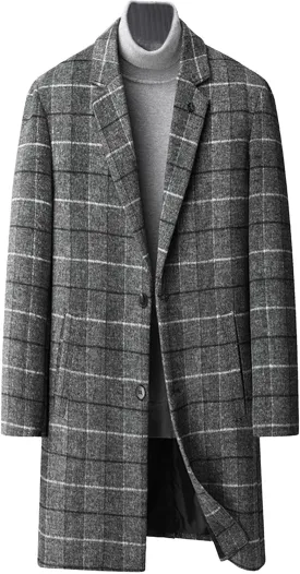 Men's Notched Collar Plaid Trench Coat Single Breasted Thermal Wool Blend Coat Formal Casual Pea Coat