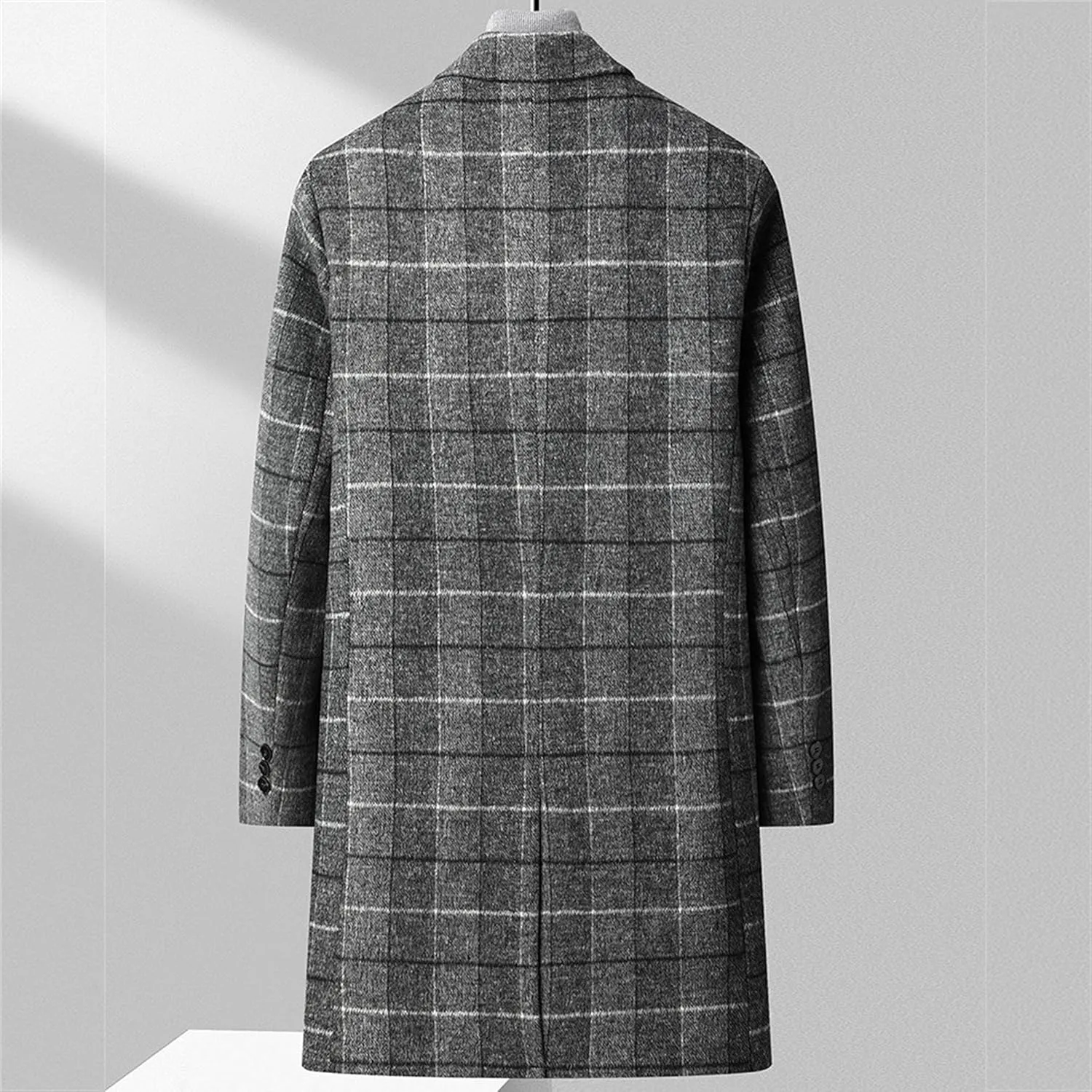 Men's Notched Collar Plaid Trench Coat Single Breasted Thermal Wool Blend Coat Formal Casual Pea Coat