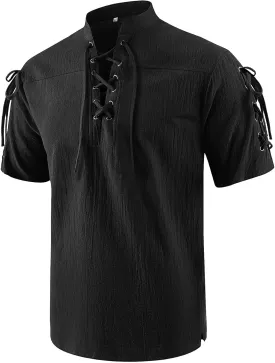 Mens Renaissance Costume Beach Shirts Short Sleeve Lace-up Viking Pirate T-Shirts V Neck Hippie Yoga Tops