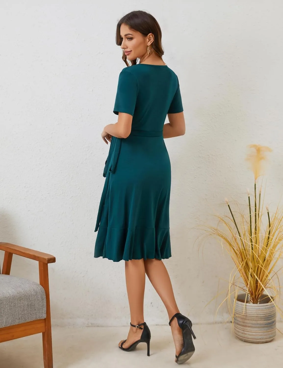 MIDNIGHTSUN Women's Wrap Dress V Neck Short Sleeve Waist Tie Ruffle Split Midi Casual Dress