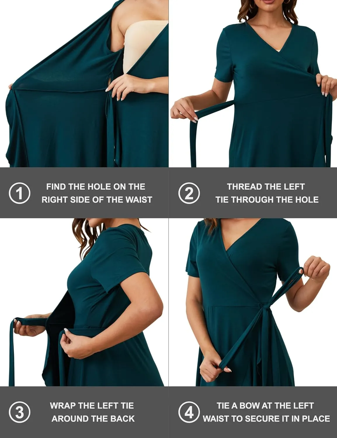 MIDNIGHTSUN Women's Wrap Dress V Neck Short Sleeve Waist Tie Ruffle Split Midi Casual Dress