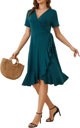 MIDNIGHTSUN Women's Wrap Dress V Neck Short Sleeve Waist Tie Ruffle Split Midi Casual Dress