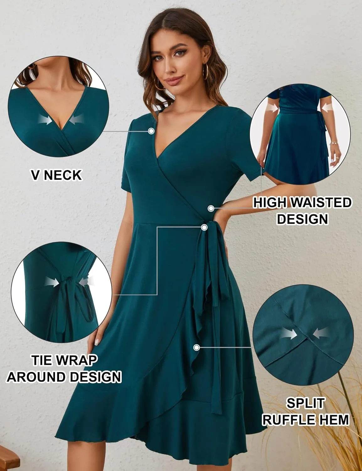 MIDNIGHTSUN Women's Wrap Dress V Neck Short Sleeve Waist Tie Ruffle Split Midi Casual Dress