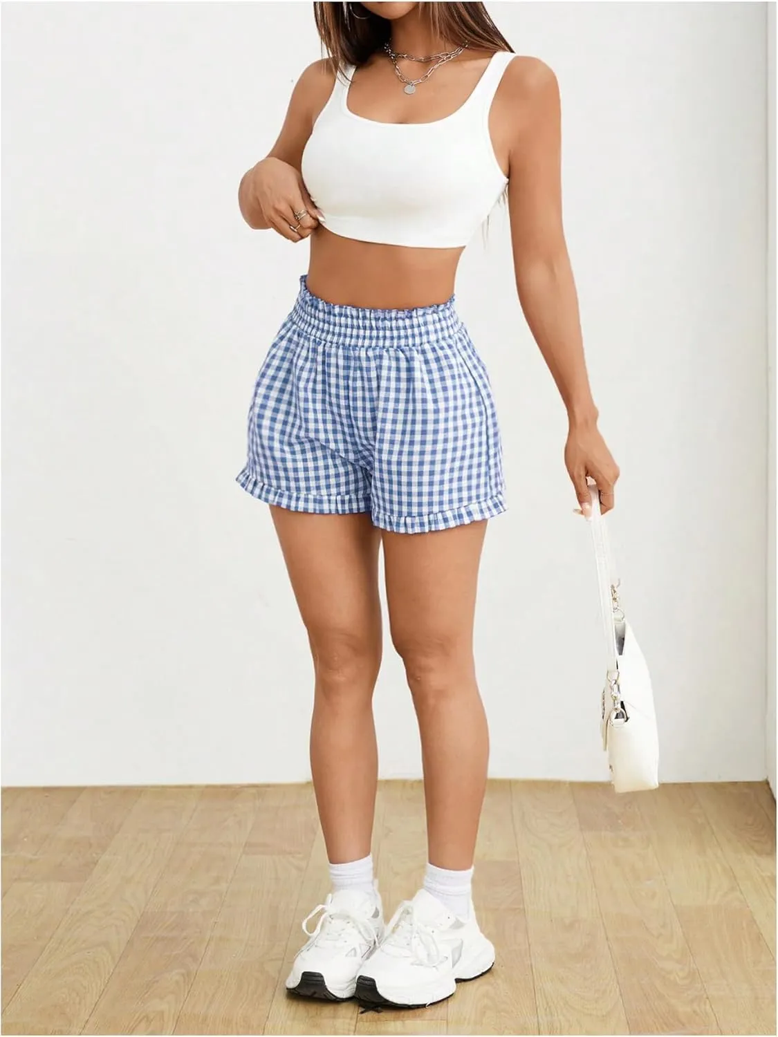 Milumia Women's Plaid Paperbag High Waist Ruffle Hem Casual Shorts