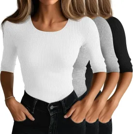 Neer 3 Pack Women's Scoop Neck Ribbed Tops Half Sleeves Shirts Slim Fitted 1/2 Sleeve Causal Basic Knit Tee