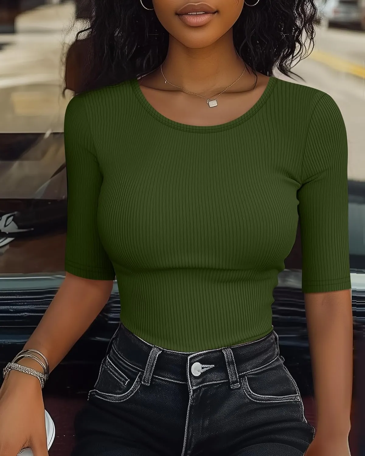 Neer 3 Pack Women's Scoop Neck Ribbed Tops Half Sleeves Shirts Slim Fitted 1/2 Sleeve Causal Basic Knit Tee
