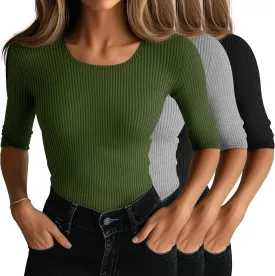 Neer 3 Pack Women's Scoop Neck Ribbed Tops Half Sleeves Shirts Slim Fitted 1/2 Sleeve Causal Basic Knit Tee