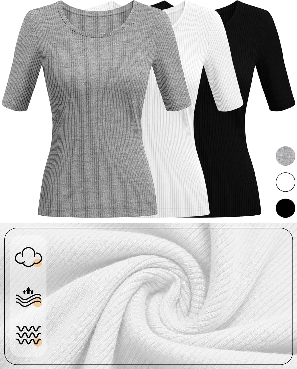 Neer 3 Pack Women's Scoop Neck Ribbed Tops Half Sleeves Shirts Slim Fitted 1/2 Sleeve Causal Basic Knit Tee