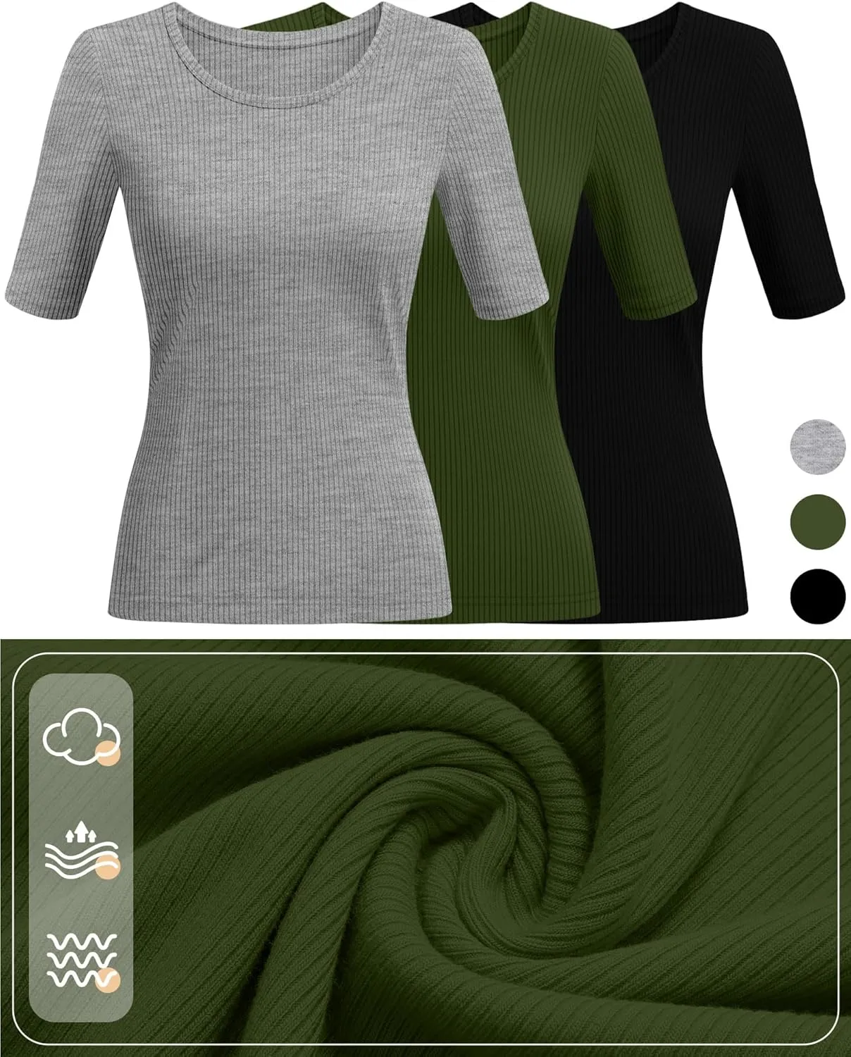 Neer 3 Pack Women's Scoop Neck Ribbed Tops Half Sleeves Shirts Slim Fitted 1/2 Sleeve Causal Basic Knit Tee