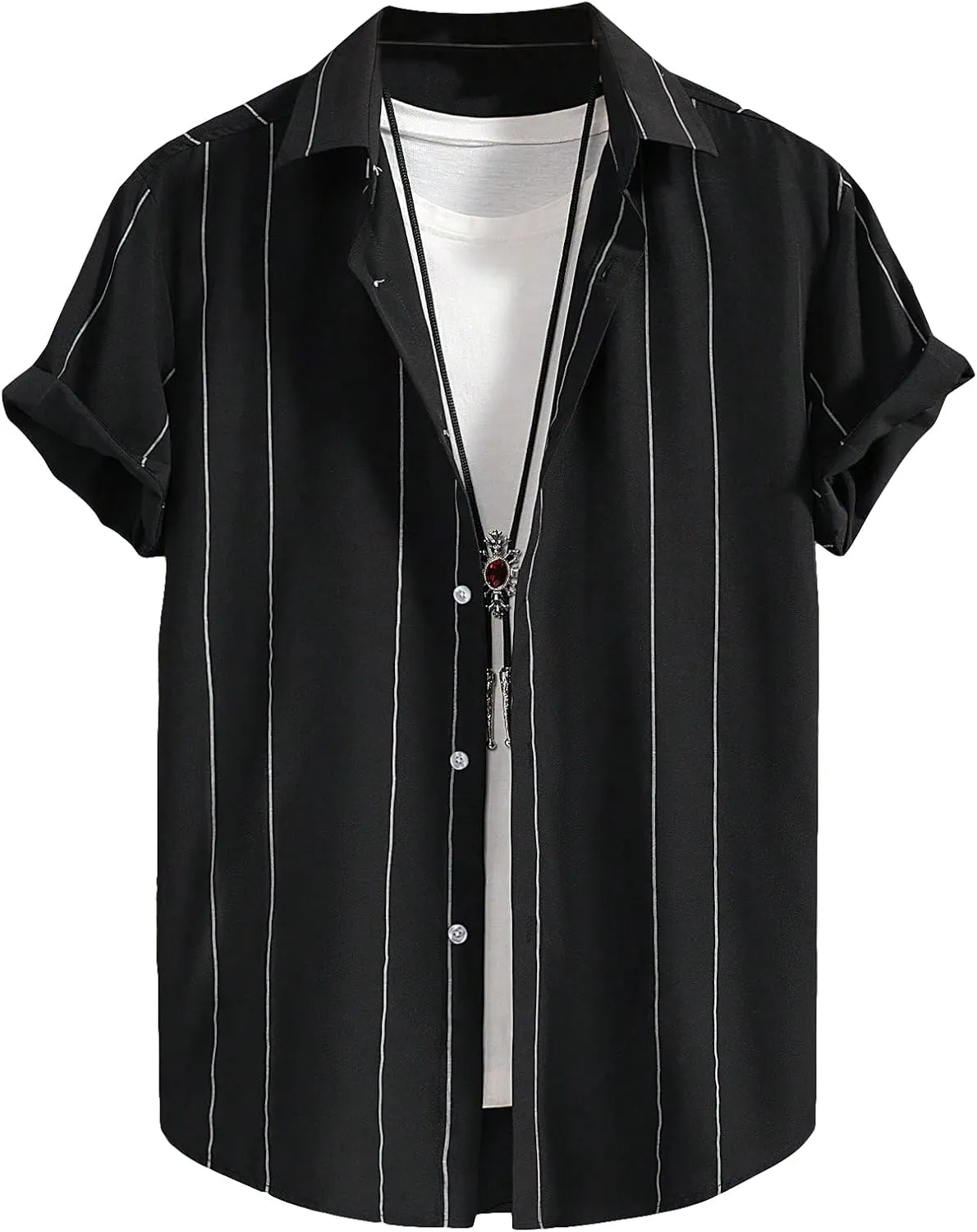 OYOANGLE Men's Color Block Striped Print Short Sleeve Button Up Casual Shirt