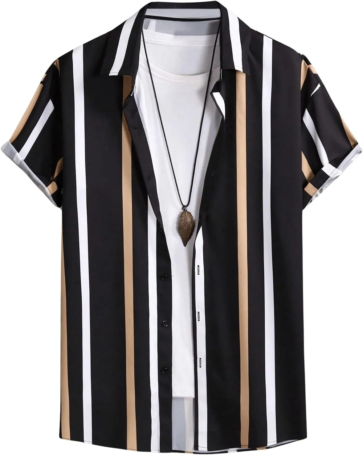OYOANGLE Men's Color Block Striped Print Short Sleeve Button Up Casual Shirt