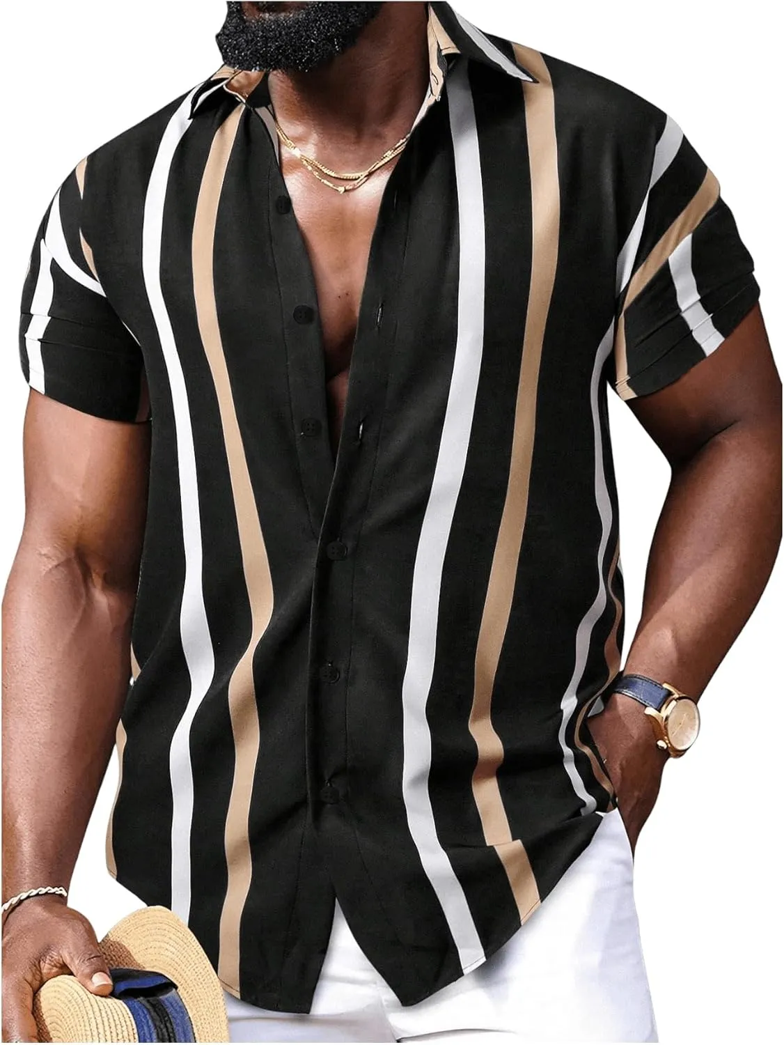 OYOANGLE Men's Color Block Striped Print Short Sleeve Button Up Casual Shirt