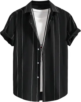 OYOANGLE Men's Color Block Striped Print Short Sleeve Button Up Casual Shirt