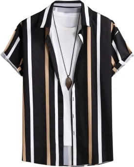 OYOANGLE Men's Color Block Striped Print Short Sleeve Button Up Casual Shirt