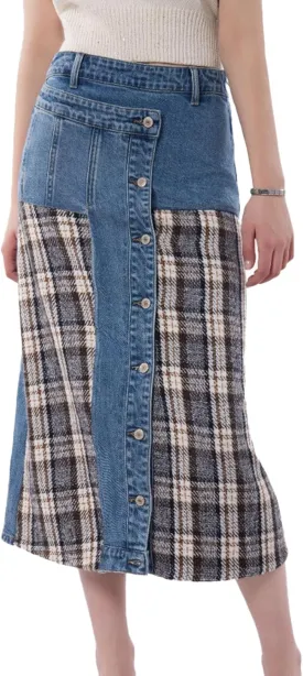 Pantete Midi Jean Skirts for Women Summer Casual High Waist Plaid Patchwork Denim Skirt