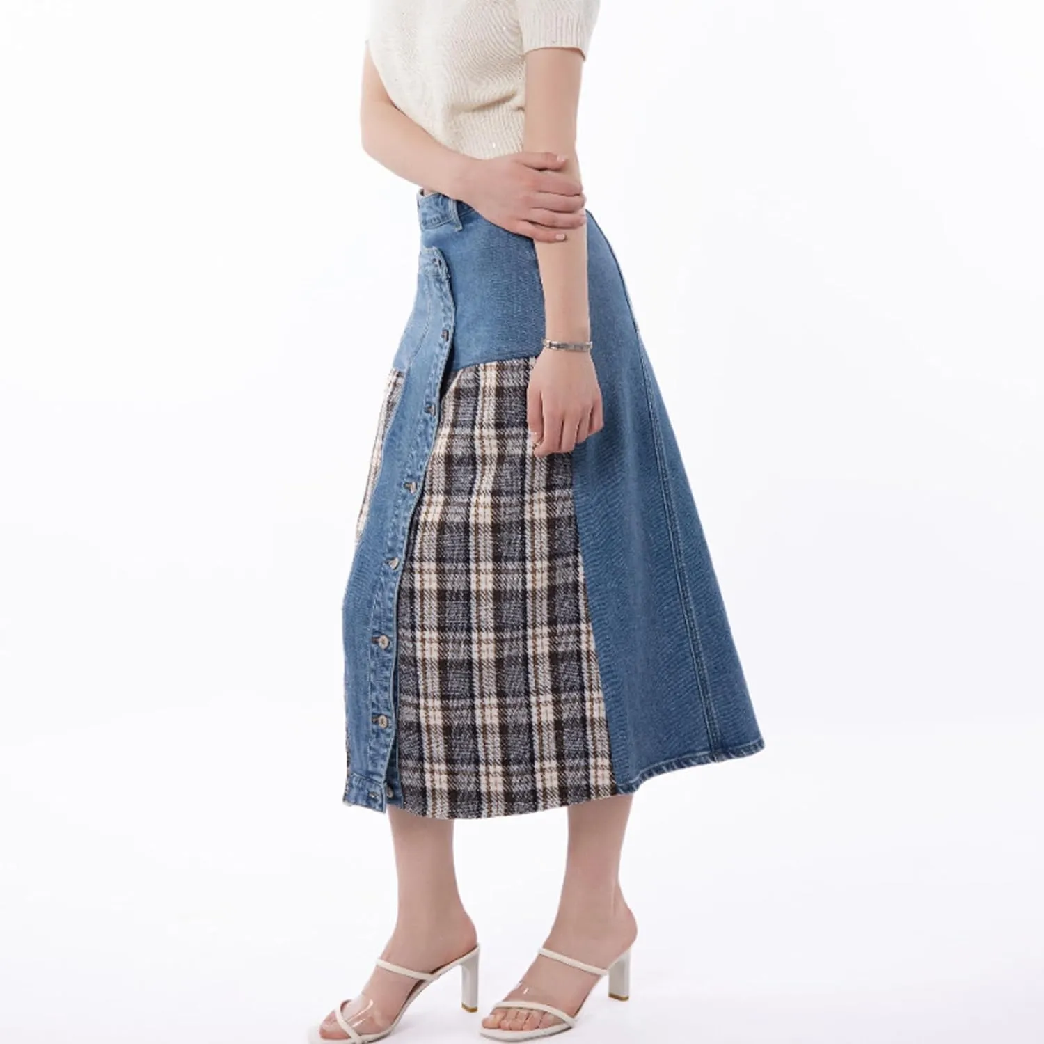 Pantete Midi Jean Skirts for Women Summer Casual High Waist Plaid Patchwork Denim Skirt