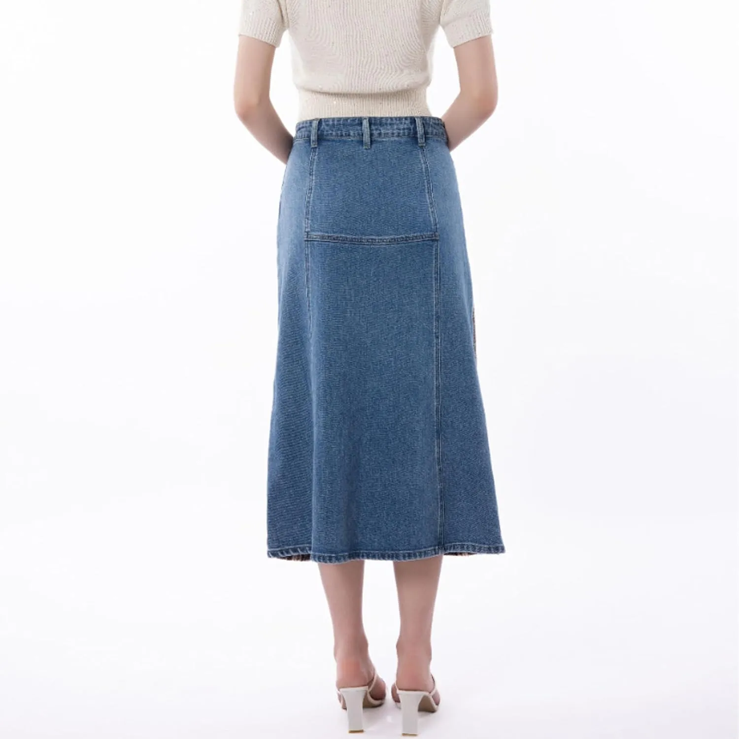 Pantete Midi Jean Skirts for Women Summer Casual High Waist Plaid Patchwork Denim Skirt