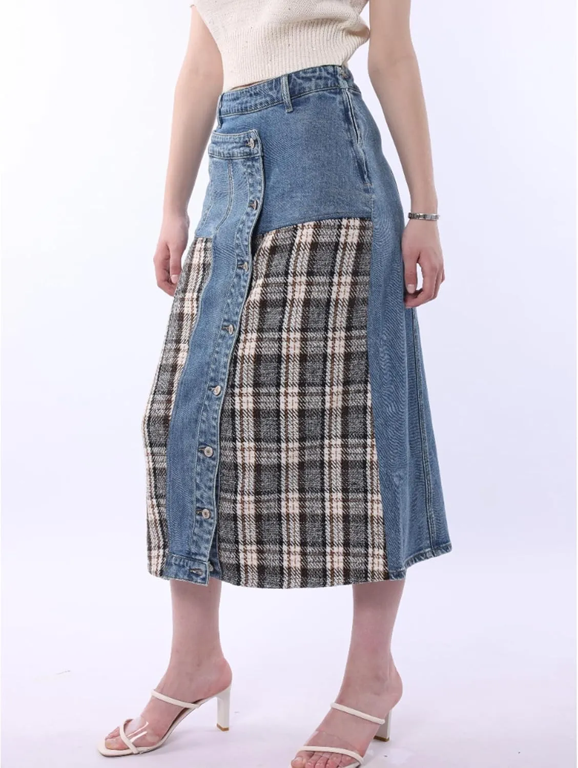 Pantete Midi Jean Skirts for Women Summer Casual High Waist Plaid Patchwork Denim Skirt
