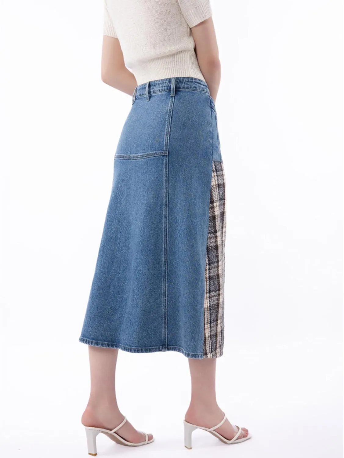 Pantete Midi Jean Skirts for Women Summer Casual High Waist Plaid Patchwork Denim Skirt