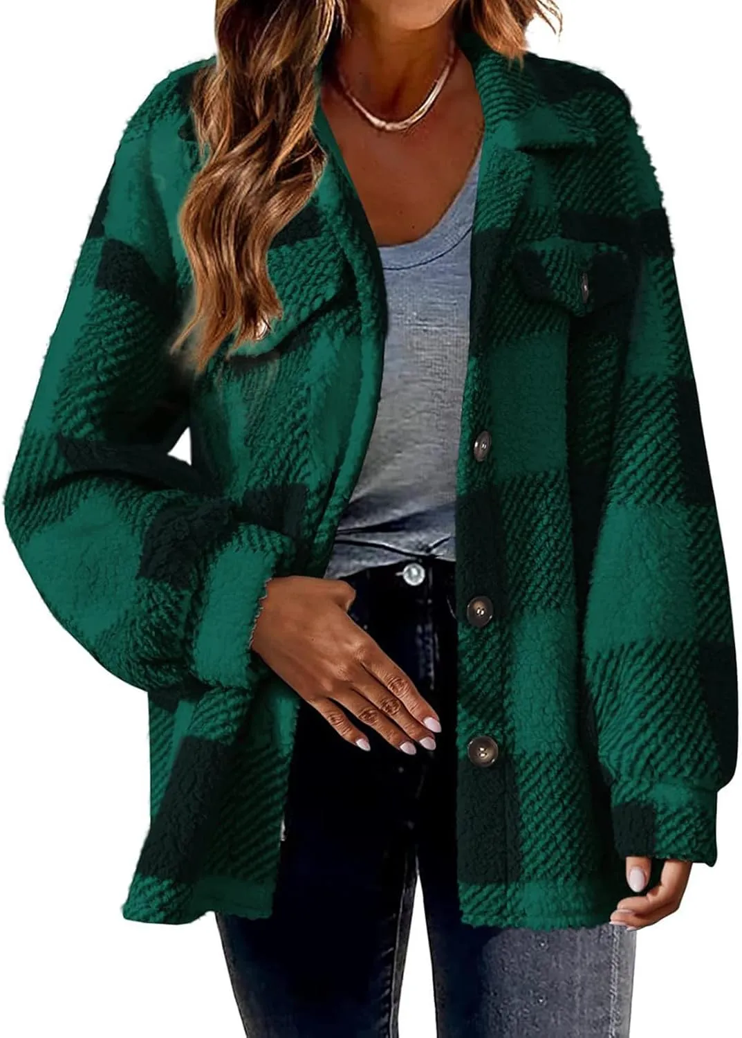 Plaid Flannel Shacket Women Button Down Plus Size Sherpa Fleece Shirt Jacket Long Sleeve Warm Fuzzy Teddy Coats
