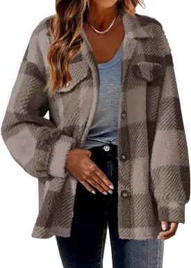 Plaid Flannel Shacket Women Button Down Plus Size Sherpa Fleece Shirt Jacket Long Sleeve Warm Fuzzy Teddy Coats