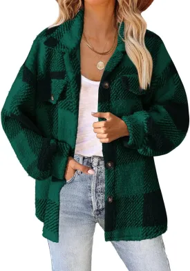 Plaid Flannel Shacket Women Button Down Plus Size Sherpa Fleece Shirt Jacket Long Sleeve Warm Fuzzy Teddy Coats
