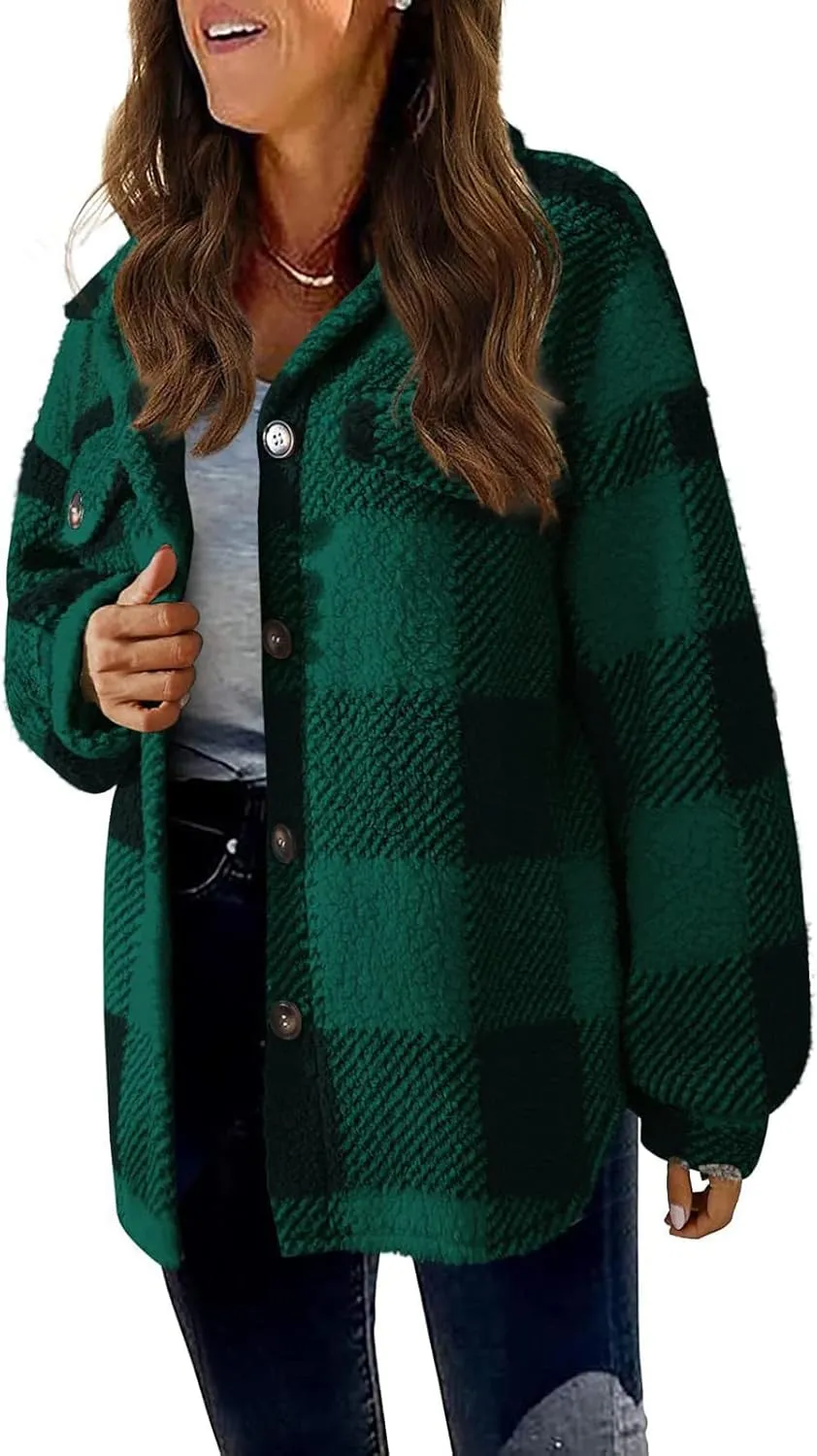 Plaid Flannel Shacket Women Button Down Plus Size Sherpa Fleece Shirt Jacket Long Sleeve Warm Fuzzy Teddy Coats