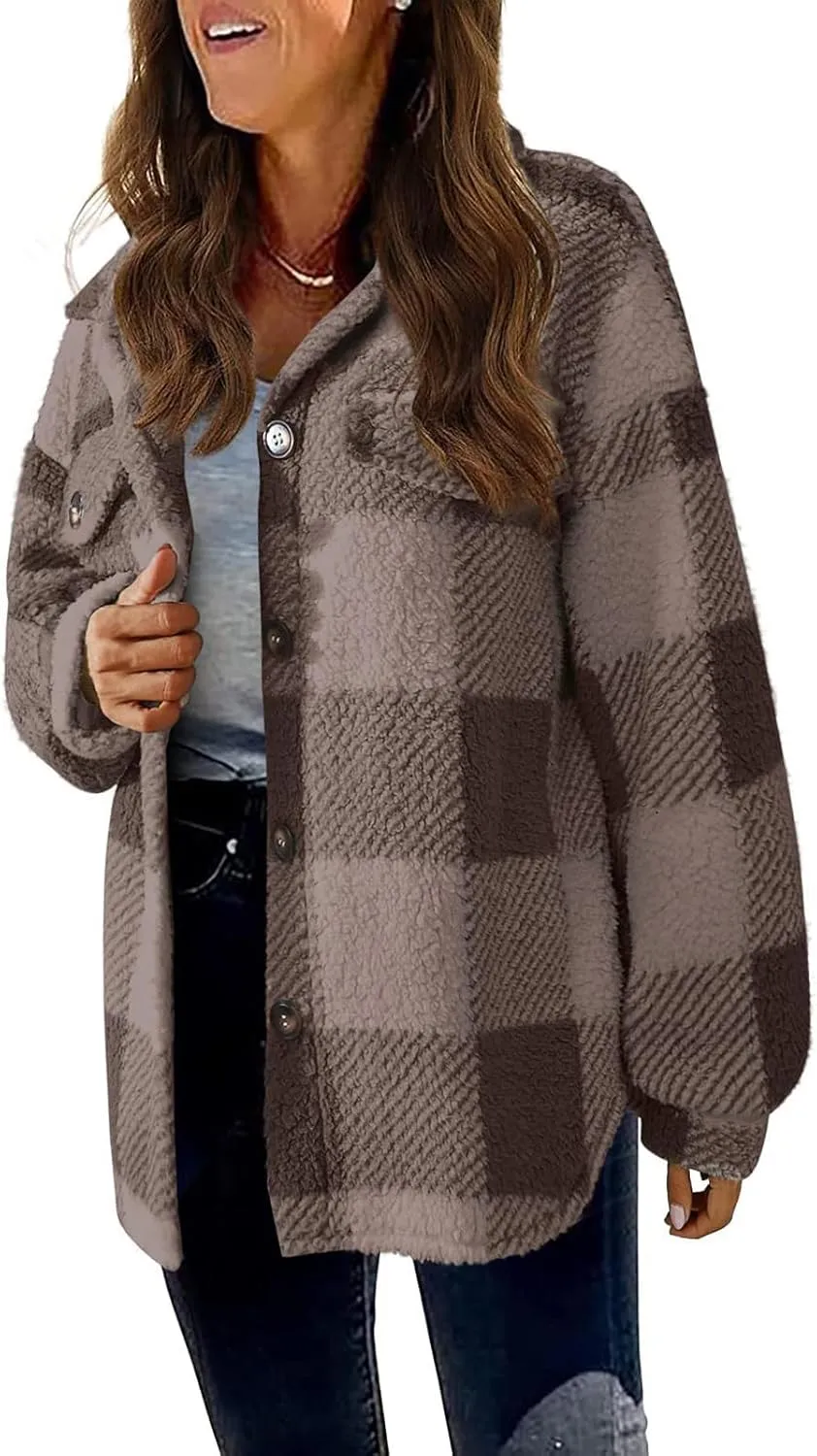 Plaid Flannel Shacket Women Button Down Plus Size Sherpa Fleece Shirt Jacket Long Sleeve Warm Fuzzy Teddy Coats