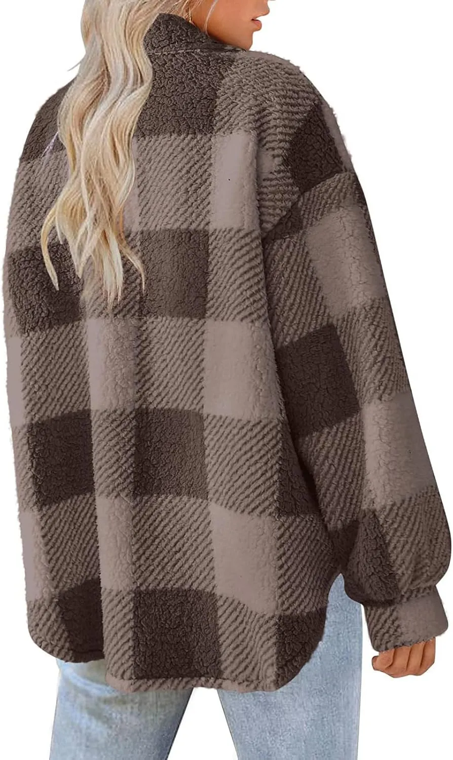 Plaid Flannel Shacket Women Button Down Plus Size Sherpa Fleece Shirt Jacket Long Sleeve Warm Fuzzy Teddy Coats