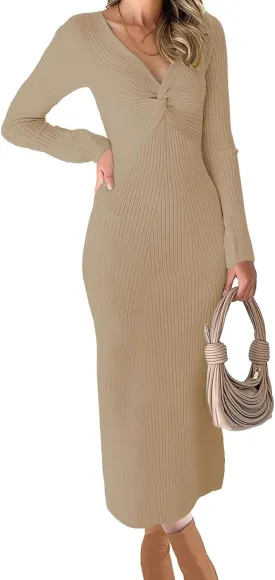 RAISECOM Womens Ribbed Knit Maxi Dresses Long Sleeve V Neck Casual Sweater Dress Bodycon Midi Dress