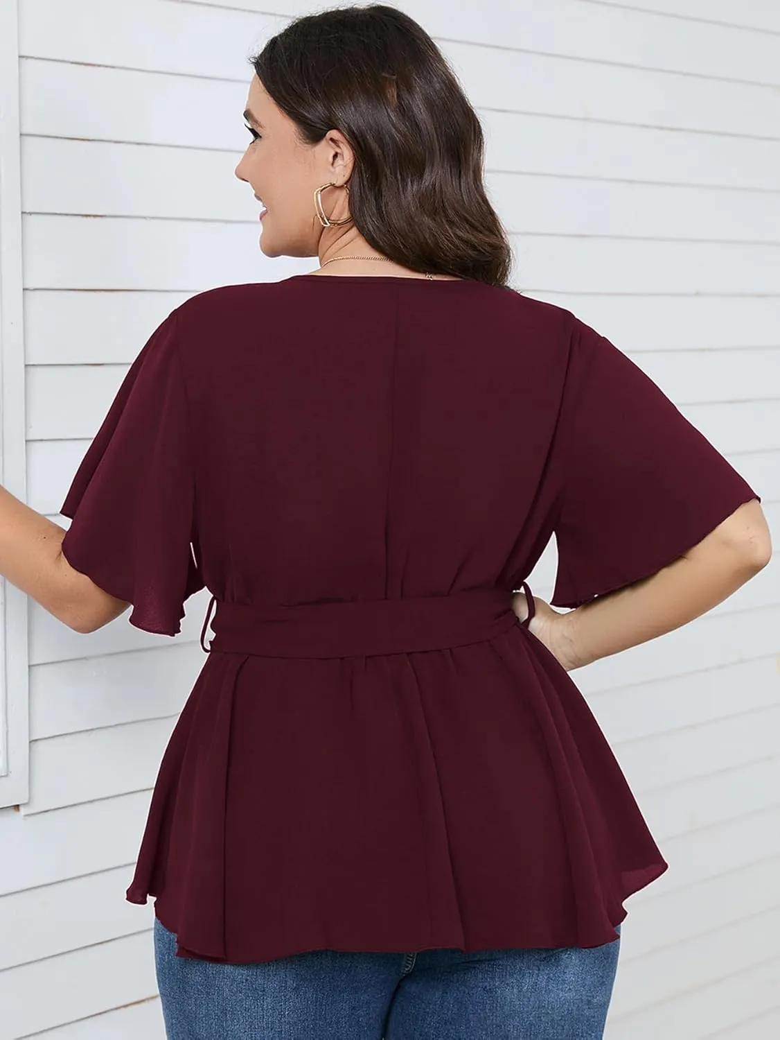 SCOMCHIC Women's Plus Size Short Sleeve V Neck Wrap Belted Ruffle Peplum Blouse Tops