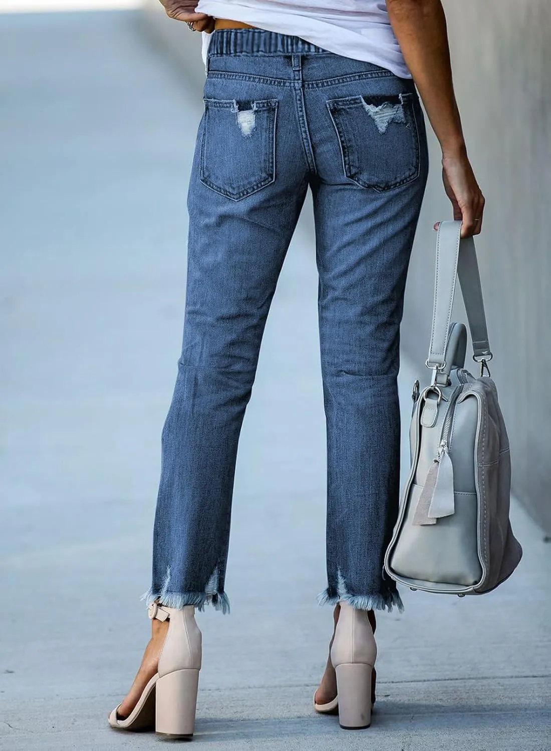Sidefeel Womens Cargo Jeans High Waisted Ripped Denim Joggers Elastic Drawstring Waist Pants Pull On Trousers