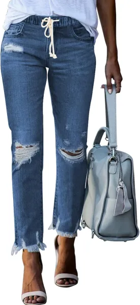 Sidefeel Womens Cargo Jeans High Waisted Ripped Denim Joggers Elastic Drawstring Waist Pants Pull On Trousers