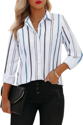 siliteelon Button Down Shirts for Women Striped Long Sleeve Dress Shirts Collared Office Work Blouses Button Up Tops