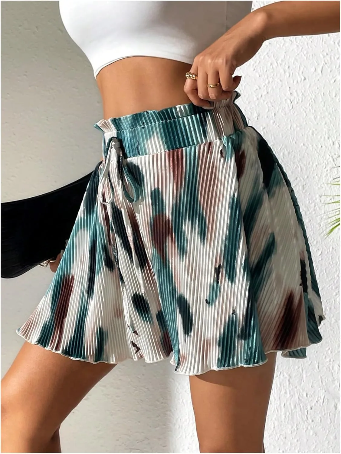 SOLY HUX Women's Tie Dye Shorts Paperbag High Waisted Tie Front Wide Leg Summer Shorts