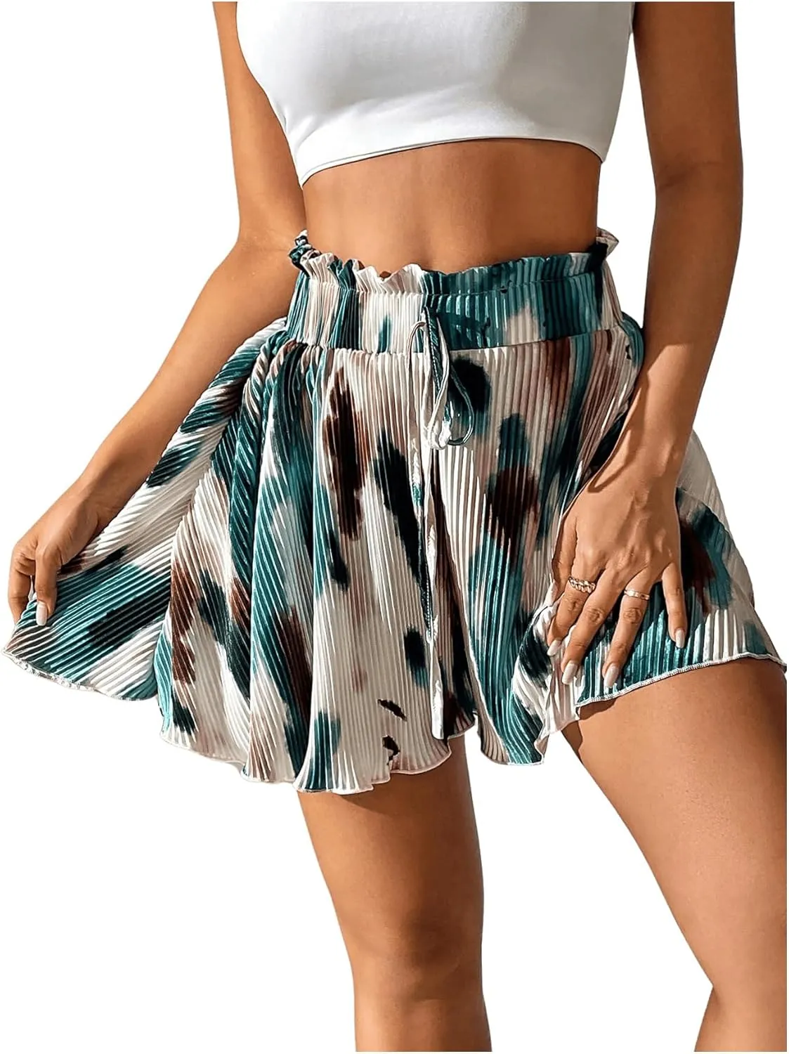 SOLY HUX Women's Tie Dye Shorts Paperbag High Waisted Tie Front Wide Leg Summer Shorts