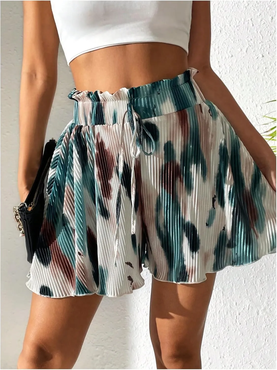 SOLY HUX Women's Tie Dye Shorts Paperbag High Waisted Tie Front Wide Leg Summer Shorts