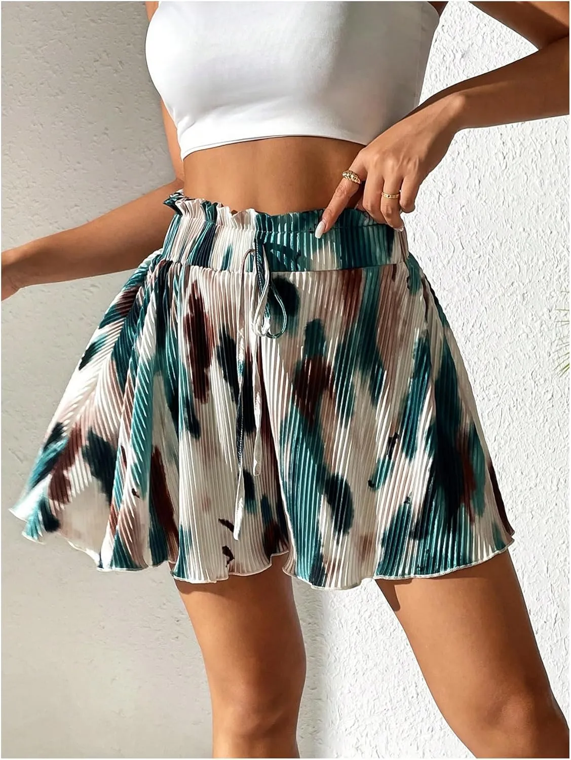 SOLY HUX Women's Tie Dye Shorts Paperbag High Waisted Tie Front Wide Leg Summer Shorts