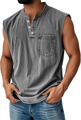 Summer Tops 2025 Men's Polo Shirt Sleeveless Distressed Washed V Neck Button T-Shirt Relaxed Fit Casual Vintage Solid Tee Top