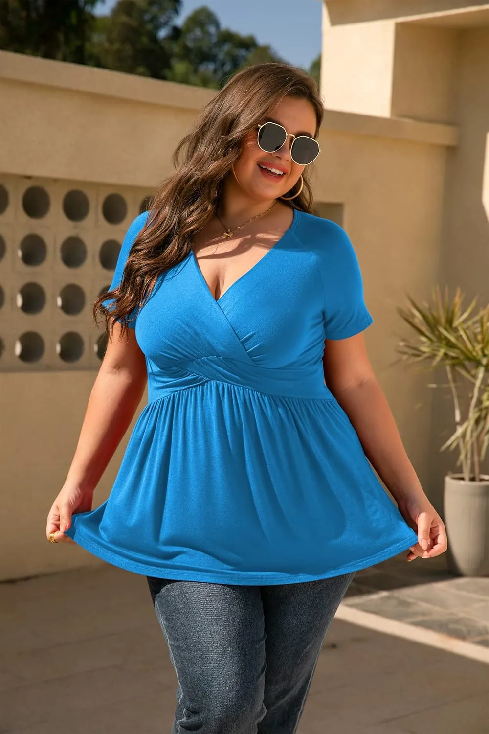 TIANZHU Women's Plus Size Dressy Tops Wrap Shirt Short Sleeve Tunic Top V Neck Low Cut Cute Blouse