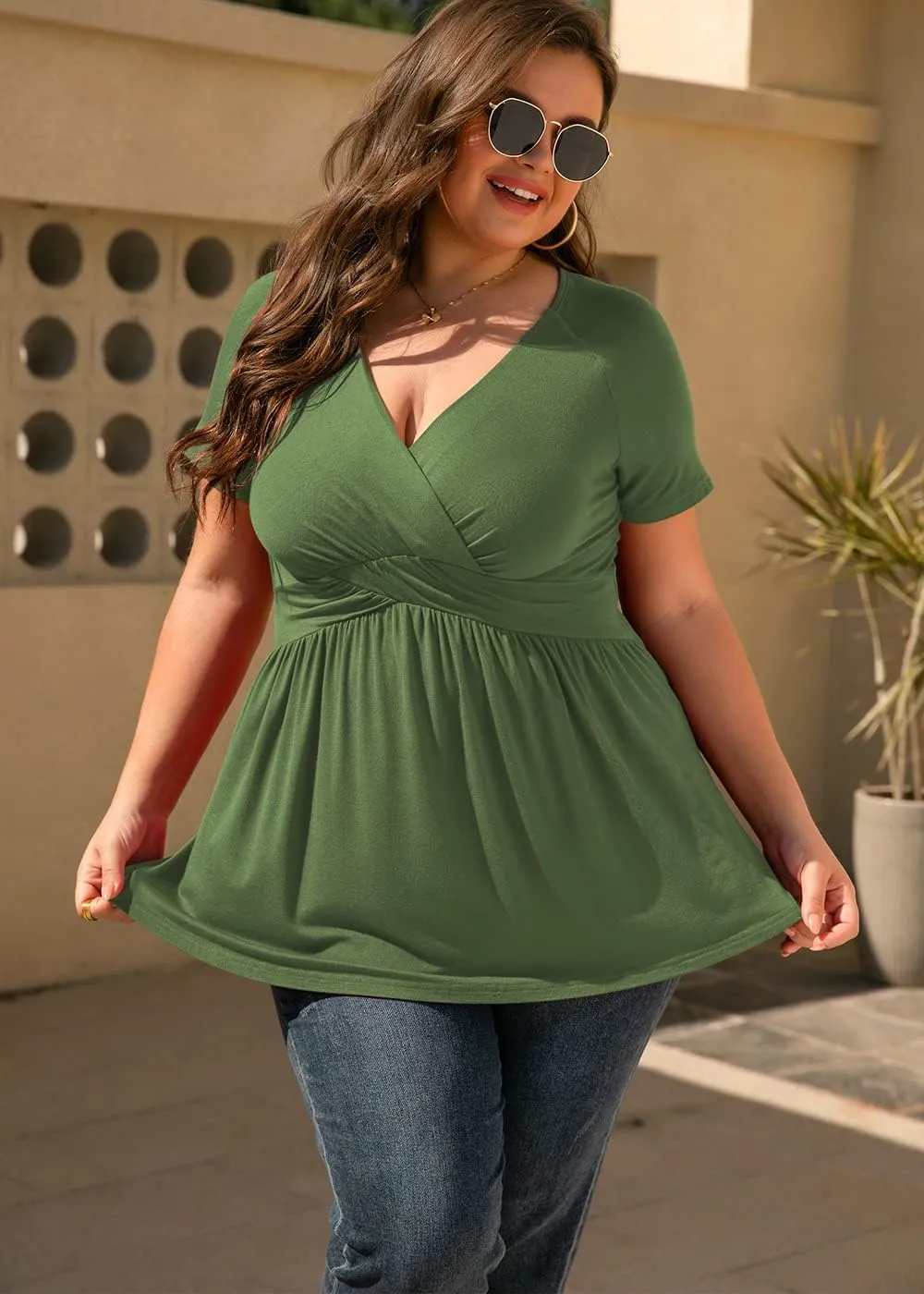 TIANZHU Women's Plus Size Dressy Tops Wrap Shirt Short Sleeve Tunic Top V Neck Low Cut Cute Blouse