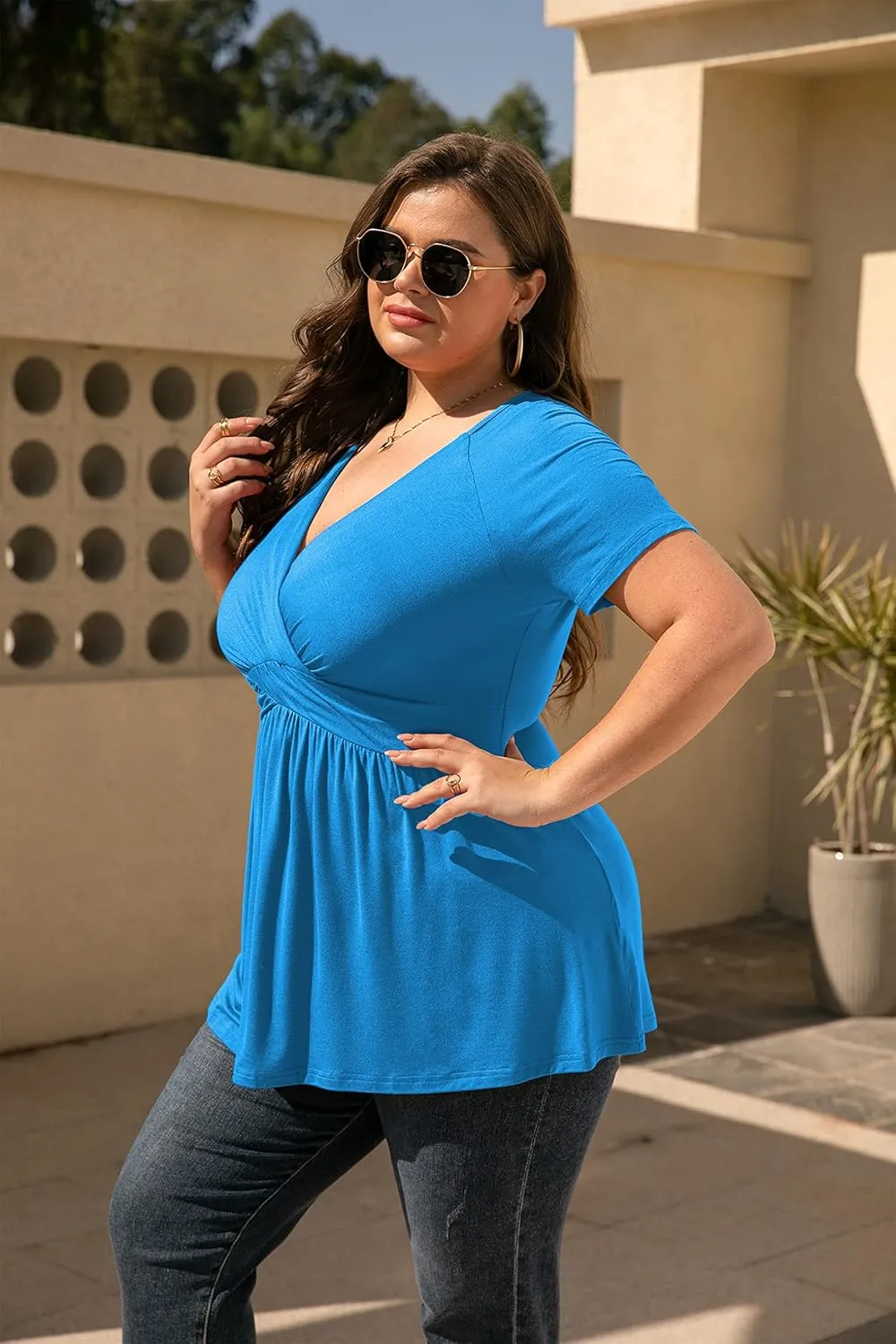 TIANZHU Women's Plus Size Dressy Tops Wrap Shirt Short Sleeve Tunic Top V Neck Low Cut Cute Blouse